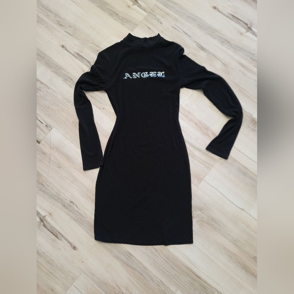 Y2K Black "Angel" Rhinestone Turtle Mock Neck Long Sleeve Midi Dress Sz L Form